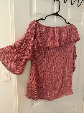American Eagle Off-Shoulder Red Gingham Ruffle Women's Top